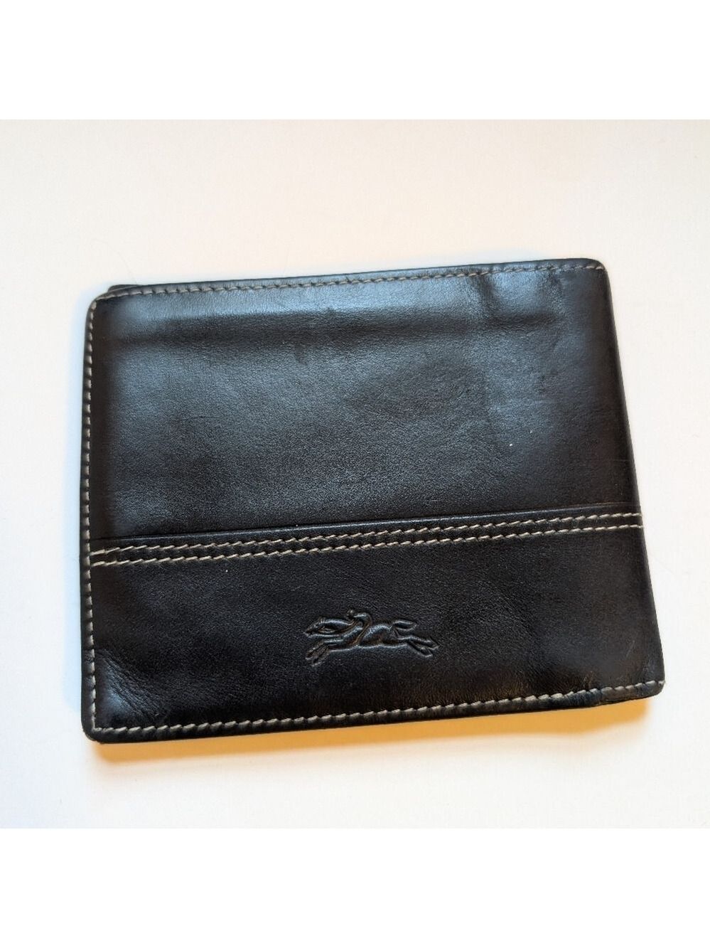 Longchamp Black Leather Wallet with Logo In Beaten Condition